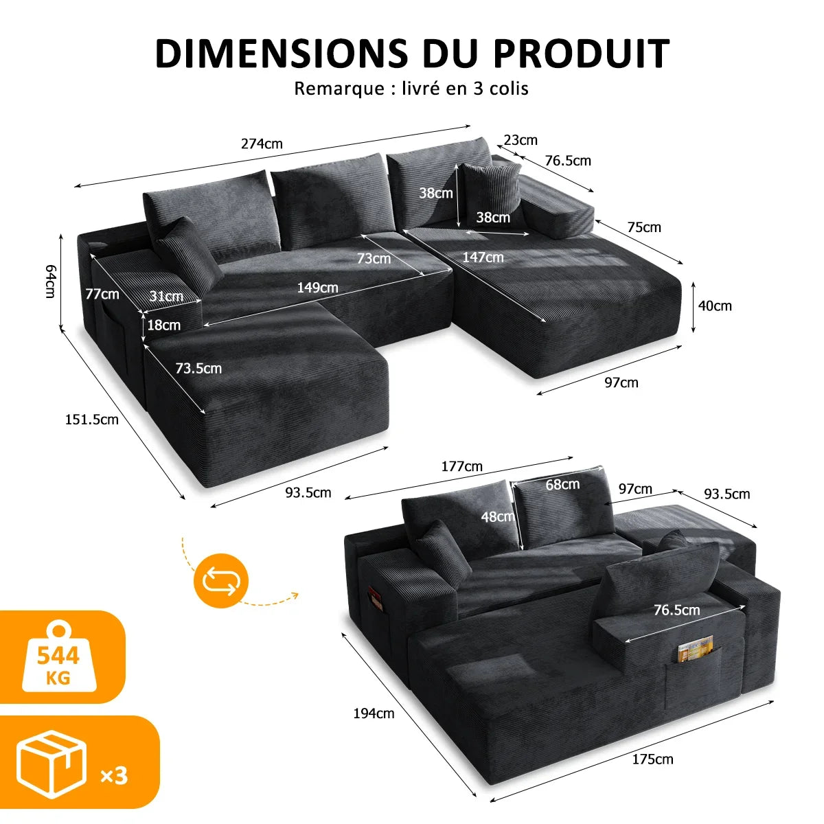 Mihtrov Modular Corner Sofa, 4-Seater Compressible Sofa, Frameless Sofa, Multifunctional Folding Sofa Bed, Freely Modular and Combinable, Suitable for Living Room and Bedroom